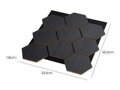 A set of hexagonal acoustic wood panels arranged on a black backing, with dimensions indicated by measurement lines and text.