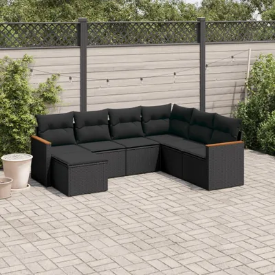 Produktbild von Design 7-tlg. Garten-Sofagarnitur mit Kissen Schwarz Poly Rattan, Gartenmöbel-Sets 2024 Neu
