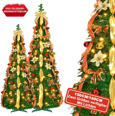 Zdjęcie produktu dla UISEBRT 180cm choinka Pop Up (czerwona/złota, bez polaru) - 150 ciepłych białych diod LED, 8 trybów oświetlenia, spiralna choinka, świąteczna dekoracja do wnętrz i na zewnątrz