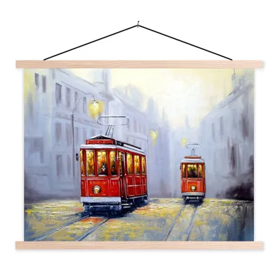 Produktbild von MuchoWow® Textilposter Gemälde - Straßenbahn - Stadt - Öl 40x30 cm mit holzfarbenen Rahmen - Bilder