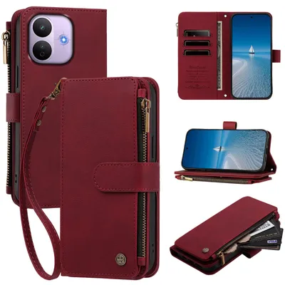 Produktbild von Handyhülle für Xiaomi Redmi Note 17 Pro 5G, Leder Klapphülle mit Kartenfächern, Reißverschlussfach und Handschlaufe Rot
