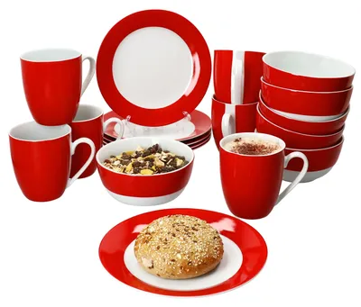 Produktbild von 18tlg Frühstücksset Variant Rot Porzellan 6 Personen Teller Schale Becher