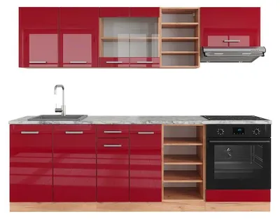 Obrázek produktu pro Kuchyňský kout Vicco R-Line Červený/zlatý dub s vysokým leskem 240 cm , PD Mramor, Model 43124