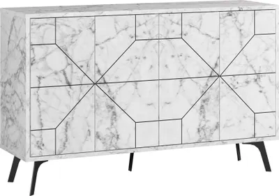 A white marble cabinet with a geometric pattern and black legs, shown against a white background.