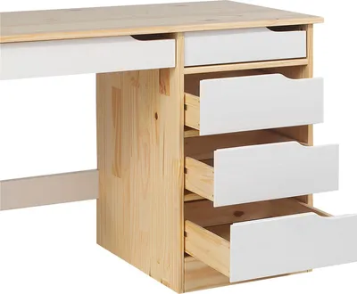 Produktbild von Schreibtisch HUGO aus massiver Kiefer in natur/weiß, schöner Schülerschreibtisch mit 5 Schubladen, praktischer Bürotisch mit Querstrebe für Stabilität