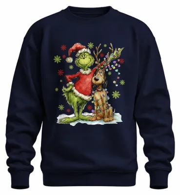 Productafbeelding van Grinch Kerstmis, rendier, lichtketting, sneeuwvlokken, cadeau, uni sweatshirt, trui, marineblauw, XXL