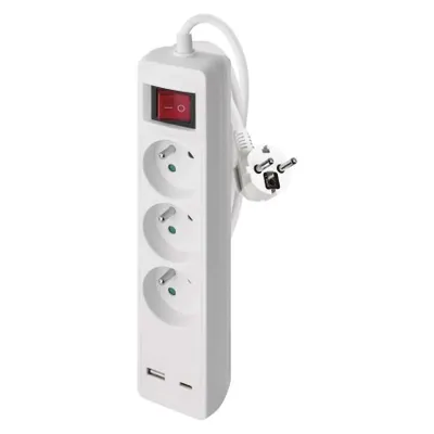 Zdjęcie produktu dla EMOS Biały przedłużacz, przełącznik, 3 gniazda, 1×USB-A + 1×USB-C, 2m P1312CU