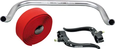 Produktbild von Bullhorn Fixie Lenker – 400mm, Silber, inkl. Bremshebel & rotem Lenkerband
