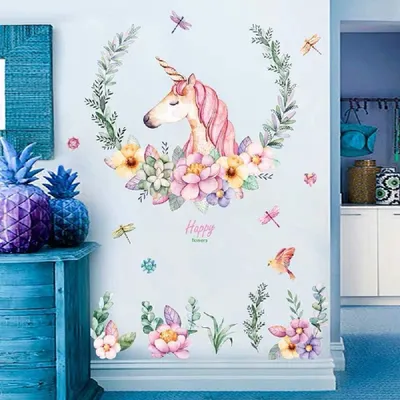 Produktbild von Wandaufkleber Einhorn Blumen Dekorativ Rosa 110 x 110 cm