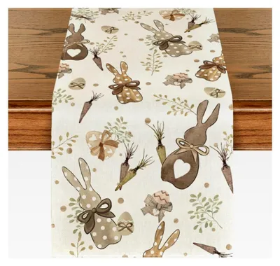 Produktbild von Oster Tischläufer mit Hasen, Karotten und Ostereiern, 40x140 cm, saisonale Frühlingsdekoration für Küche und Esstisch