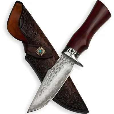 Produktbild von Damaszener Outdoor-Messer mit Holzgriff und Lederscheide, 22,5 cm KP42095
