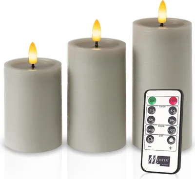 Produktbild von Meisterhome® LED Stumpenkerzen 3er-Set - LED Kerzen – Flammenlose Kerzen Rustik - Grau – Warmweißes flackerndes Licht – Mit Fernbedienung & Timer