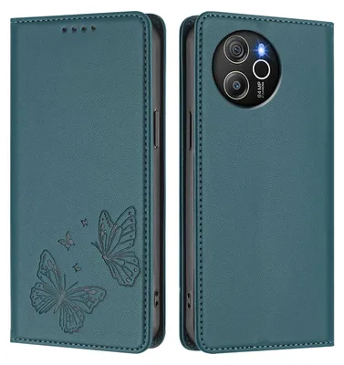 Produktbild von Lederhülle für Blackview Shark 8 /Oscal Tiger 12, Schmetterling Prägung Leder Brieftasche Schutzhülle mit Ständer Grün