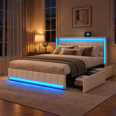 Image de Lit coffre 140x200 cm, lit avec rangement, 4 tiroirs, lit capitonné avec LED et port USB, structure de lit double avec sommier à lattes, lit pour adolescents, lin, beige