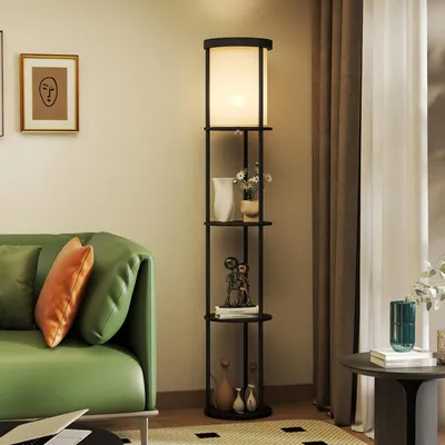 Image de Lampadaire avec 3 étagères, télécommande, interrupteur au pied, intensité réglable, lampe d'étagère, étagères en MDF, noir | 158 cm | 29 x 29 cm