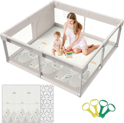 Produktbild von Baby Laufgitter mit Matte 150x150 cm, Laufstall Baby mit Matratze, Sicher und Geräumig für die Wohnung, Rutschfeste Basis, Atmungsaktives Netzdesign, Oxford, 150 cm, 150 cm