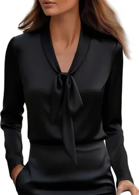 Produktbild von ASKSA Damen Satin Bluse Schleife Langarm Elegante Oberteile Seide Hemdbluse Arbeitshemd Business Langarmshirt (Schwarz,XXL)