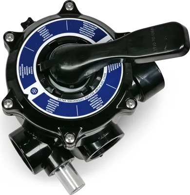 A black multi-port valve for a pool or spa filter system, shown against a white background.