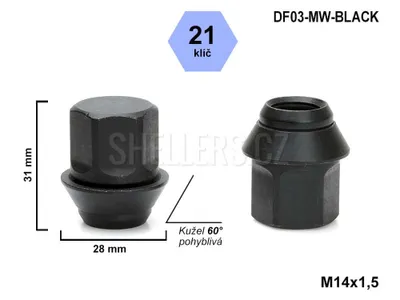 Obrázok produktu pre Matica kolesa M14x1,5 FORD, LAND ROVER, JAGUAR, pohyblivý kužeľ, kľúč 21, DF03-MW uzavretý, výška 31 mm