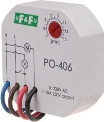A white electronic timer relay device with wiring diagrams and settings printed on its surface.