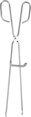 A stainless steel kitchen tong on a white background.