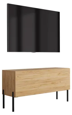 Image de Meuble TV, pieds noirs, finition chêne, dimensions : 100 x 32 x 52 cm