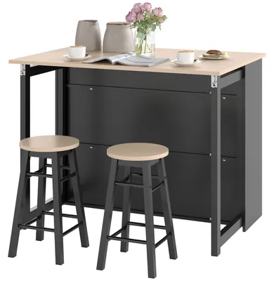 Zdjęcie produktu dla Bar z rozkładanym blatem i 2 stołkami barowymi | Kolor: czarny, brązowy | Wymiary: 70x116x89,5 cm