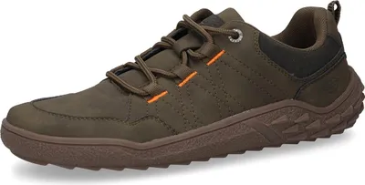 A single olive-colored men's sneaker is shown against a white background.