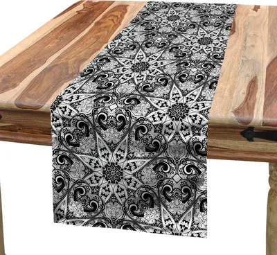 Obrázek produktu pro ABAKUHAUS Mandala ubrus, etnický východní styl krajka jako vesmírný vzor s blízkovýchodními efekty, 40 x 300 cm, bílá černá