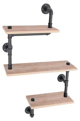 Produktbild von Wandregal - Schweberegal mit 3 Ebenen - Industrieller Retro-Stil - Platzsparende Aufbewahrung - Holz - Schwarz