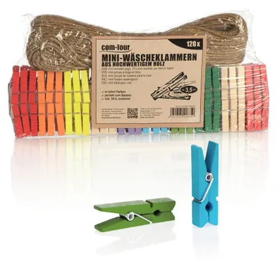 Produktbild von COM-FOUR® 120x Mini-Wäscheklammer und 50 m Juteseil - kleine bunte Holz-Klammern als Dekoration für Bilder, Collagen, Postkarten, Fotos & Geschenke