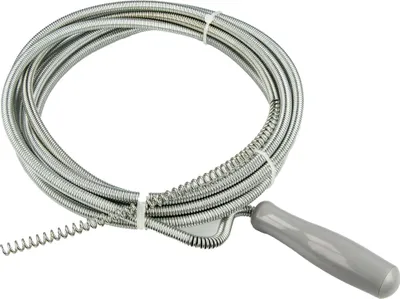 A coiled drain cleaning snake with a gray handle, presented against a white background.