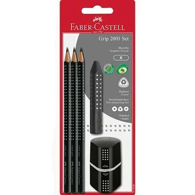 Produktbild von Faber castell set 2001 grip 3 Bleistifte + Radiergummi + Bleistiftspitzer schwarz in Blisterpackung