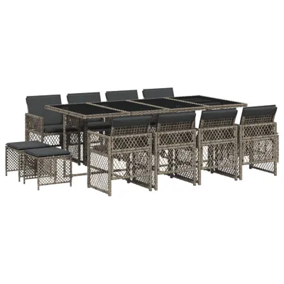 Produktbild von 13-tlg. Garten-Essgruppe mit Kissen Grau Poly Rattan