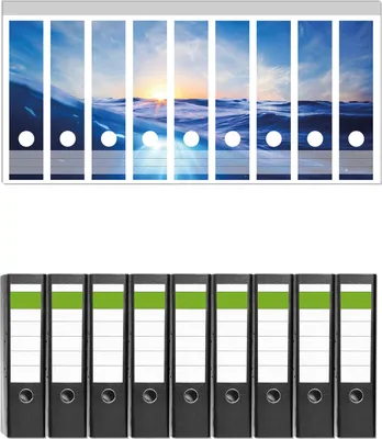 Produktbild von Wallario 9 Stück breite Ordner inkl. Klebeetiketten mit Motive Wellen im Meer bei Sonnenuntergang -  Set mit Rückenschildern / Ordnerrücken Stickern