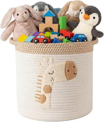 Imagen del producto de Cesta de juguetes de cuerda de algodón, de 30,5 x 30,5 cm, con asas, ideal para habitaciones infantiles