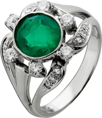 Produktbild von Smaragdring Weißgold 750 18K grüner Edelstein Diamanten Antikschmuck 19