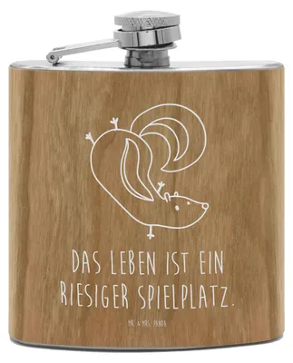 Produktbild von Mr. & Mrs. Panda holz flachmann Stinktier Handstand - Transparent - Geschenk, edelstahl, Skunk, Raubtier, Spielplatz, Likörflasche, feldflasche, schnapsflasche, Stinki