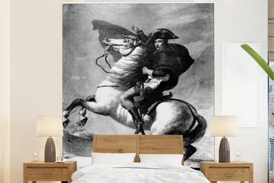 Produktbild von Fotobehang Illustration von Napoleon Bonaparte auf einem Pferd in Schwarz-Weiß - Breite 210 cm x Höhe 260 cm