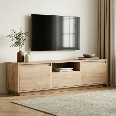 Image de Dmora - Meuble TV, 160x30x42h cm Chêne Marron, une Étagère