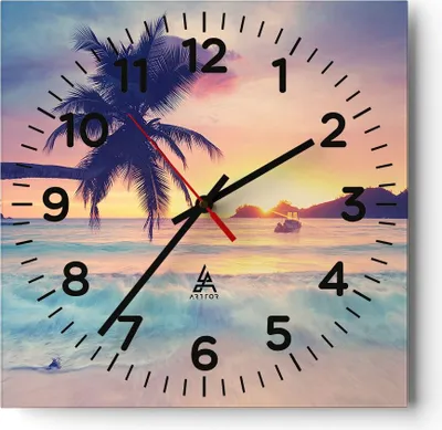 Produktbild von Wanduhr - Quadrat - Glasuhr - Meer Strand Palme - 30x30cm - Schleichendes Uhrwerk - Lautlos - zum Aufhängen bereit - Dekoration Modern - Wanddekoration aus Glas - C4AC30x30-3992