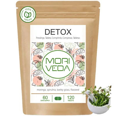 Produktbild von Moringa Detox 900 mg Tabletten I Moringa, Gerstengras, Leinsamen und Spirulina I Entgiftung, Entschlacken I 120 Stk. von Moriveda