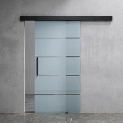 A modern sliding glass door with frosted stripes against a concrete wall.