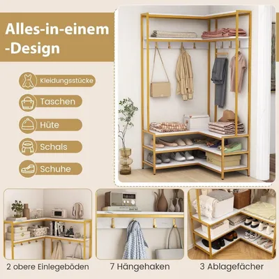 Produktbild von Eck-Garderobenständer mit Sitzbank L-förmiger Kleiderständer mit offenen Ablagen 90 x 90 x 178 cm Weiß