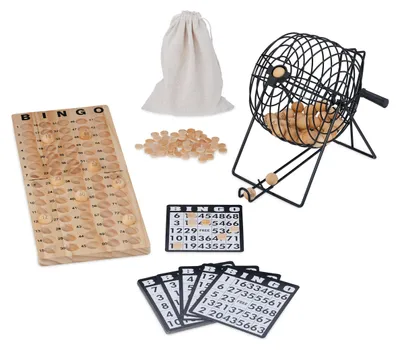 Image de Jeu de bingo Relaxdays, tambour, 75 boules, 18 cartes, 150 jetons, plateau de jeu, enfants, adultes, bois, naturel/noir