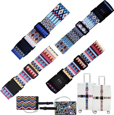 Produktbild von Famanu Gepäckband-Set mit 4 verstellbaren Antirutsch-Kofferriemen und 2 Bagagelabels