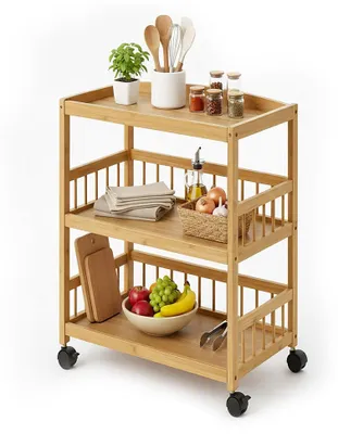 Imagen del producto de Carrito de cocina de bambú, carro con ruedas de diseño delgado y 3 estantes