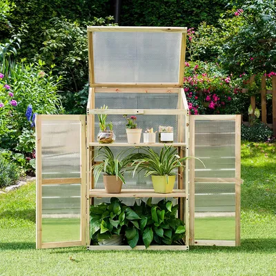 Produktbild von GOPLUS Frühbeet aus Massivholz, Transparentes Hochbeet, Gewächshaus mit Öffbarem Deckel, Lichtdurchlässiges Treibhaus, mit Hohlkammerplatten