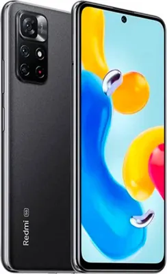 A dark gray Xiaomi Redmi Note 11S 5G smartphone is shown from the back and front, with its screen displaying a colorful abstract wallpaper.