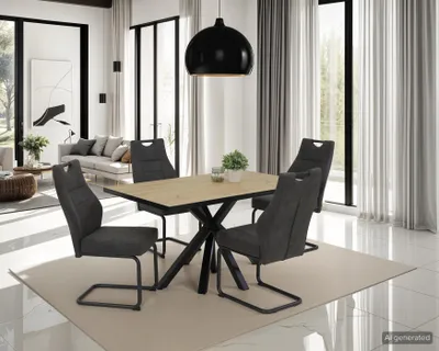Produktbild von Hela Tische, 5tlg. Essgruppe Inn, Tisch Artisan Eiche Metallgestell schwarz, Freischwinger Stuhl Anthrazit Federkorb 140kg belastbar, Griff, KI-generiertes Bild